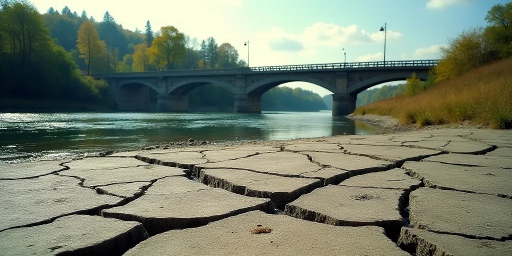 a bridge over a river with a cracked ground in front of it and a few trees in the background, Andrie