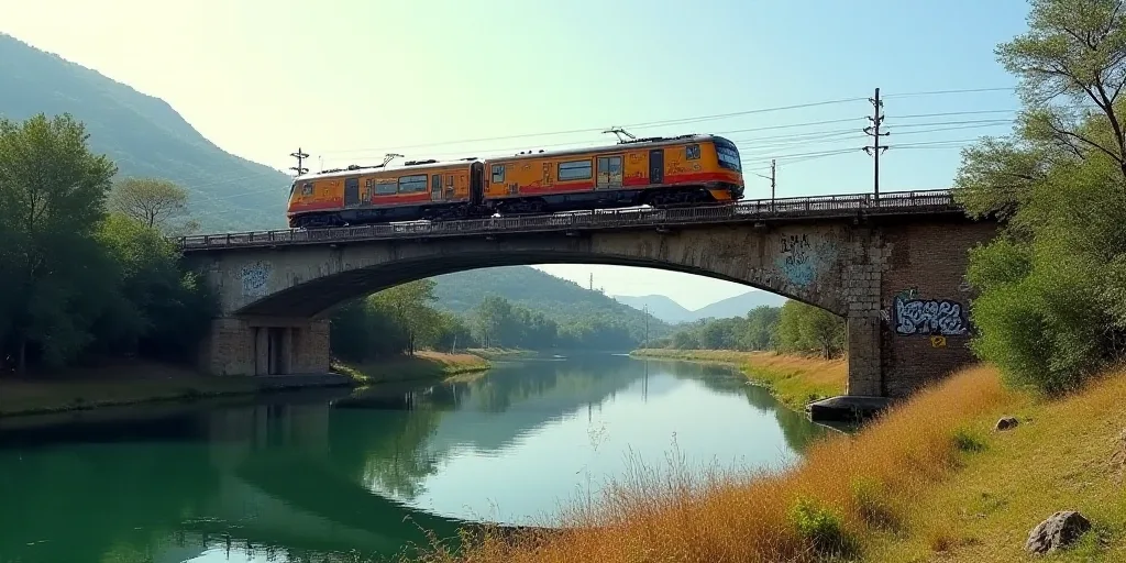 a bridge over a river with graffiti on it and a train on it's tracks above it and a bridge over the