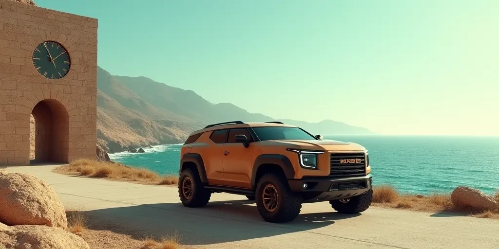 a brown suv driving down a road next to the ocean and a stone wall with a clock on it, Dosso Dossi,