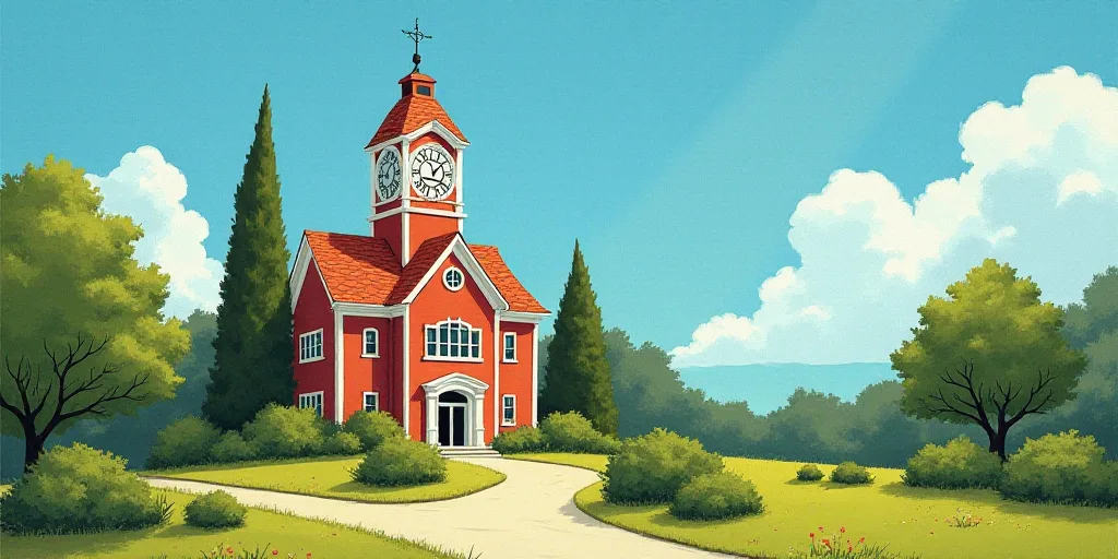 a building with a clock on top of it surrounded by trees and bushes in front of a blue sky, Evelyn A
