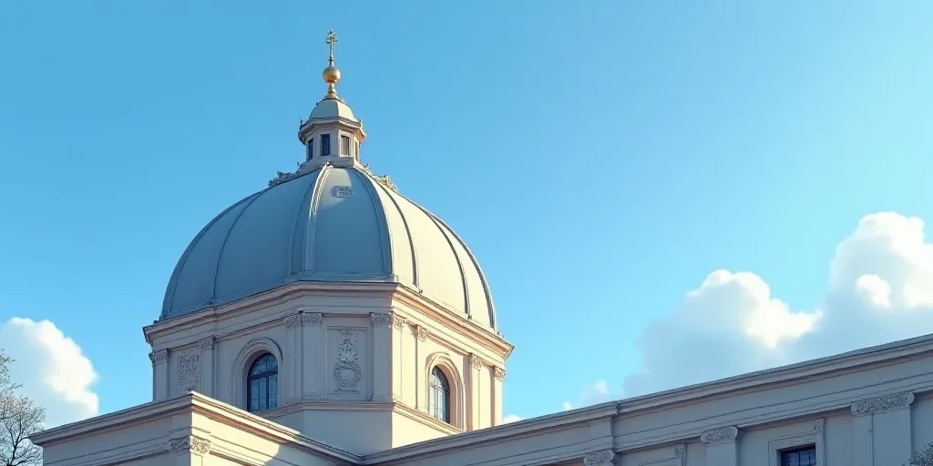 a building with a dome and a clock on top of it's side in front of a blue sky, Anne Rigney, promotio