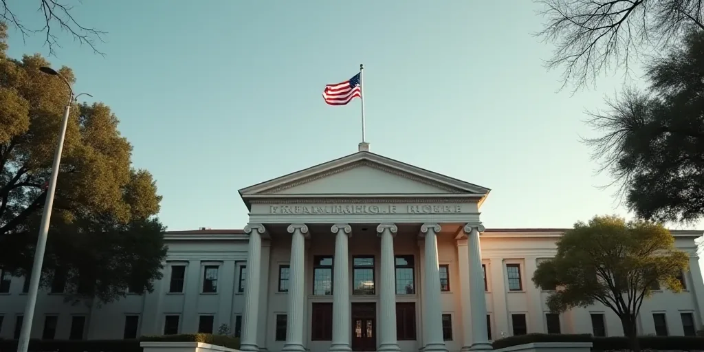 a building with a flag flying in the background and a sign that says department of justice on the si