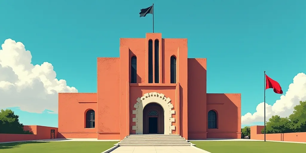 a building with a flag on the outside of it and a blue sky in the background with a few clouds, Davi