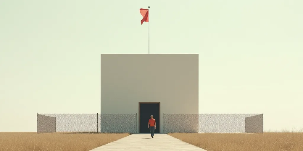 a building with a flag on top of it and a fence around it and a person walking in front of it, Andri