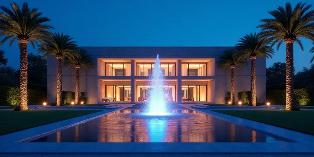a building with a fountain in front of it at night time with palm trees and a blue sky in the backgr