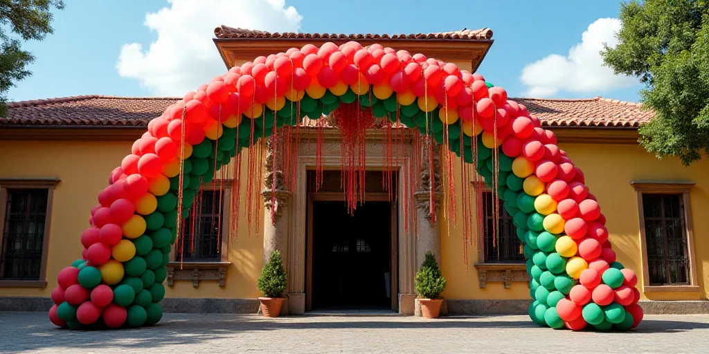 a building with a large arch decorated with balloons and streamers in front of it that says caa pomp