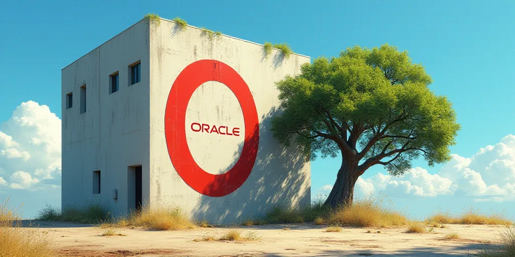 a building with a large oracle logo on it's side and a tree in front of it with a blue sky backgroun