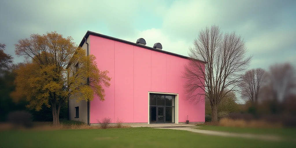 a building with a large pink sign on the side of it's face and trees in front of it, Annabel Kidston