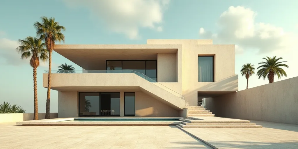 a building with a large window and a staircase going up the side of it with a sky background and pal