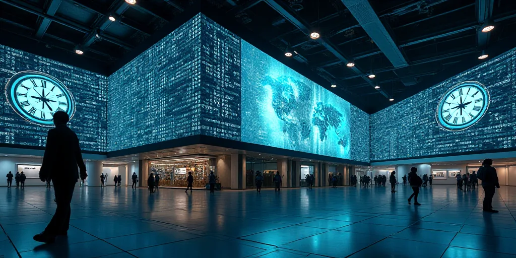 a building with a lot of screens and a clock on it's side and a lot of numbers on the wall, Andries
