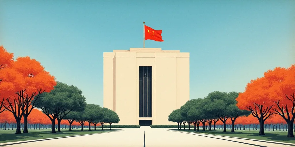 a building with a red flag on top of it and trees in front of it and a blue sky, Cui Bai, symmetric