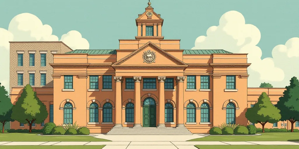 a building with a seal on the front of it and a building in the background with a skylight, Evelyn A