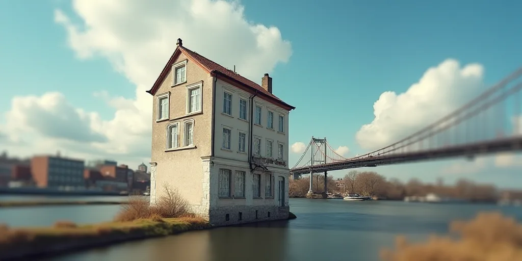 a building with a sign on it and a bridge in the background with a sky background and clouds in the