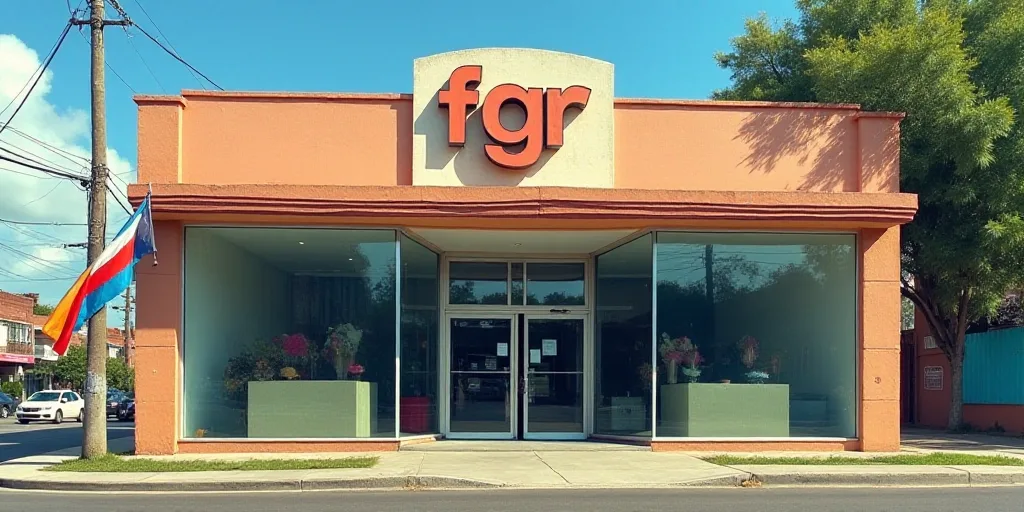 a building with a sign that says fgr and a flag hanging from the side of it's glass front, Federico