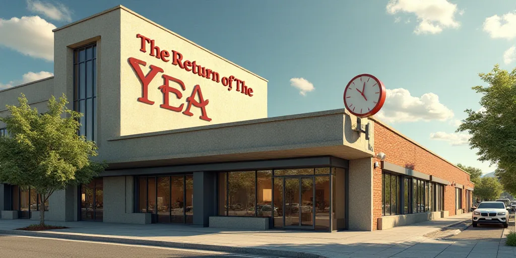 a building with a sign that says the return of the tea company on it's side and a clock on the outsi