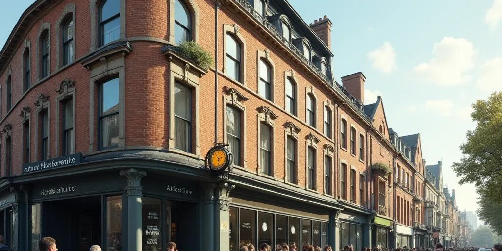 a building with a sign that says the return of the tea company on it's side and a clock on the outsi