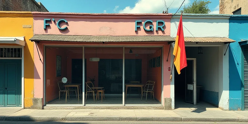 a building with a sign that says fgr and a flag hanging from the side of it's glass front, Federico