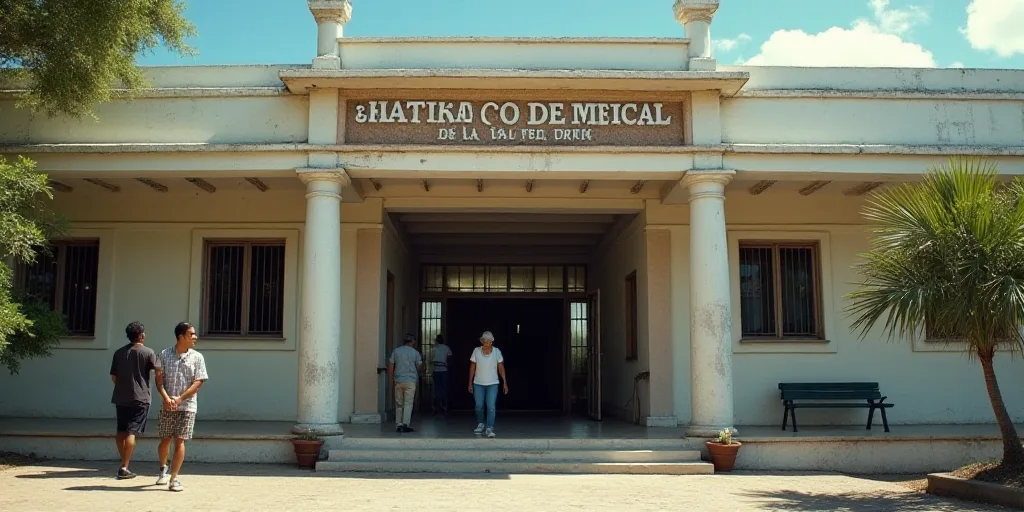 a building with a sign that says pope medical de la federal on it's front door and people walking ou