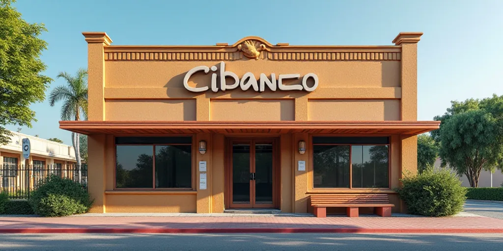 a building with a sign that says cibanco on it's side and a bench in front of it, Carlos Francisco C