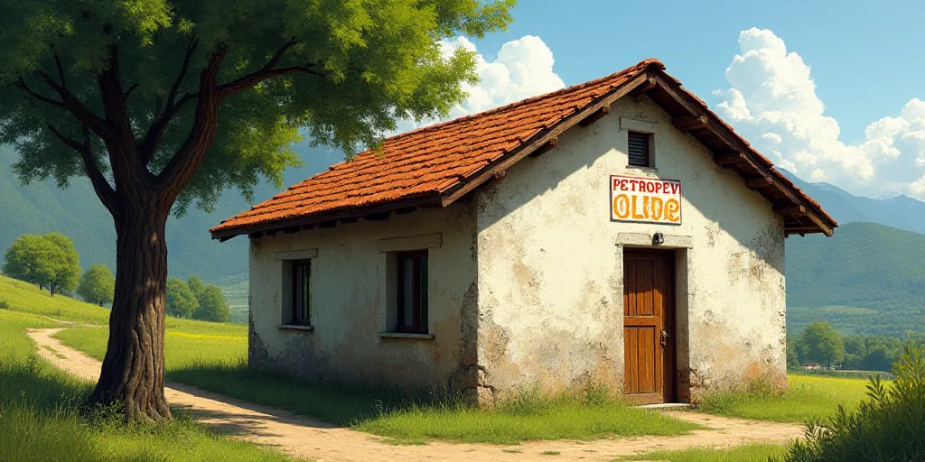 a building with a sign that says petropevi on it's side and a tree in front of it, Ceferí Olivé, o