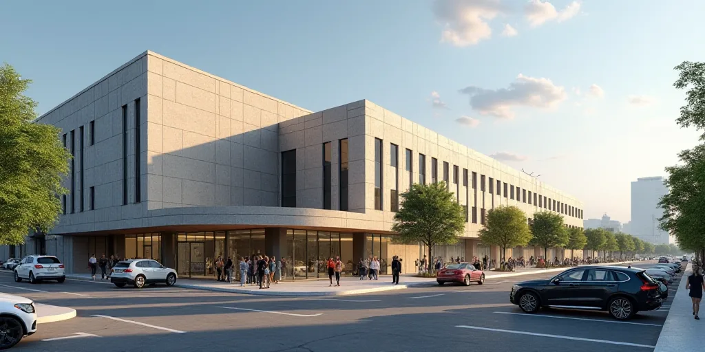 a building with cars parked in front of it and people walking around the building and cars parked in