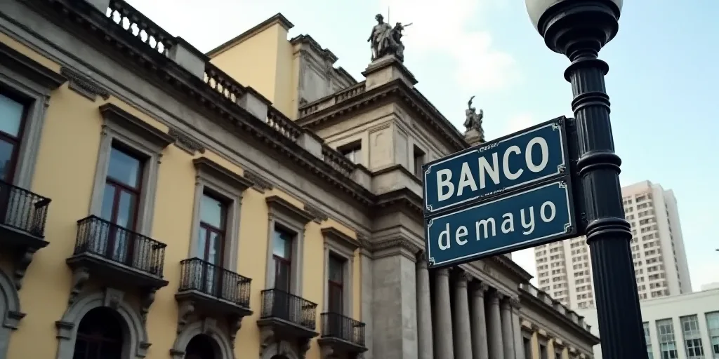 a building with statues on the front of it and a street sign in front of it that says banco de mayo,