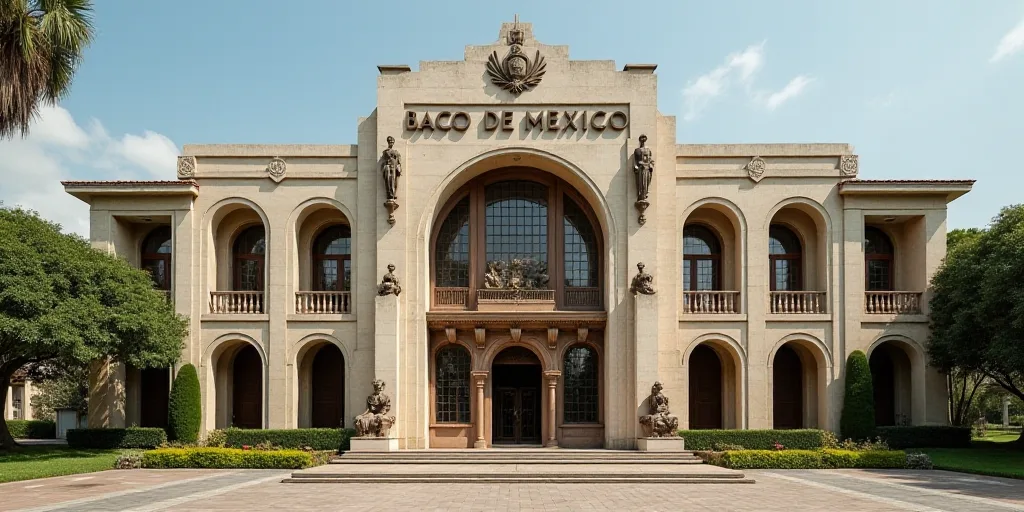 a building with statues on the front of it and a sign that says baco de mexico on the front, Carlos