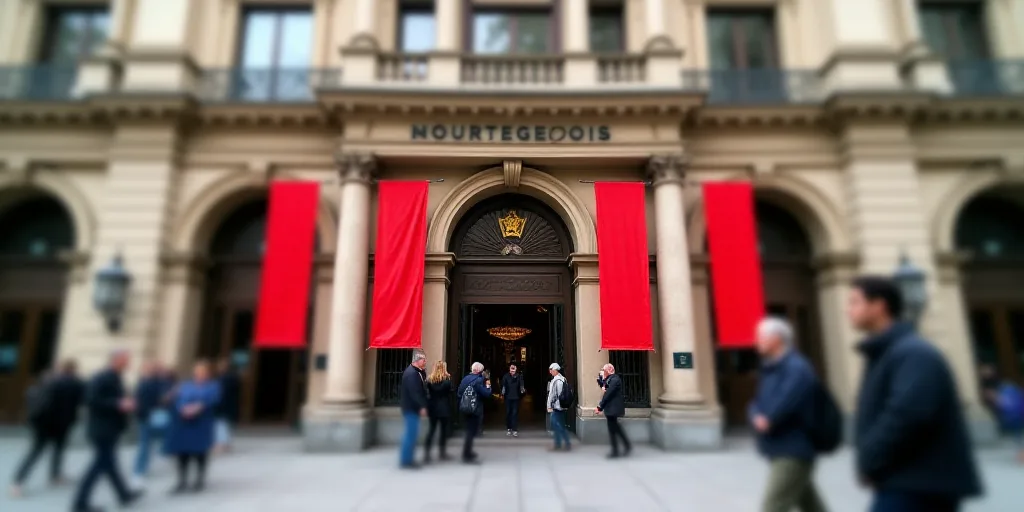 a building with three red banners hanging from the side of it's front entrance and people walking by