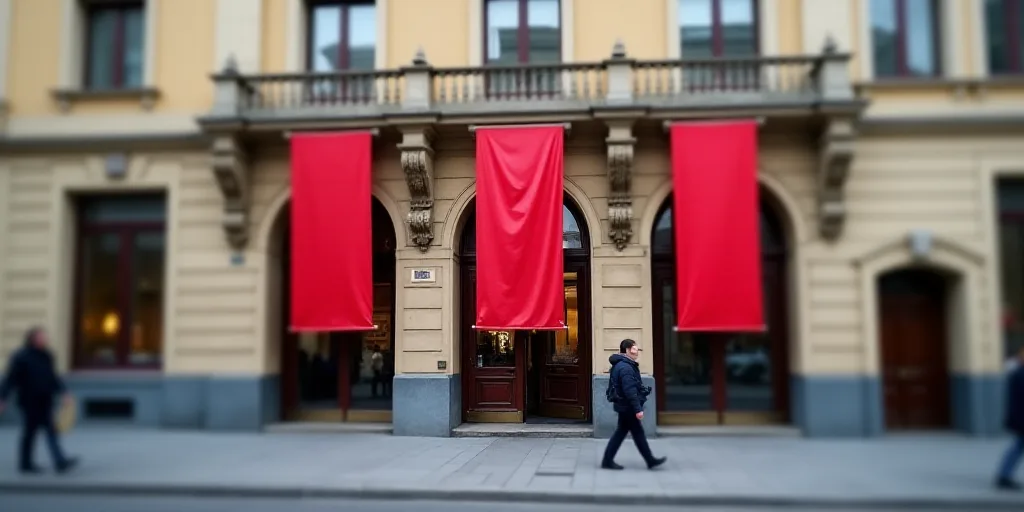 a building with three red banners hanging from the side of it's front entrance and people walking by