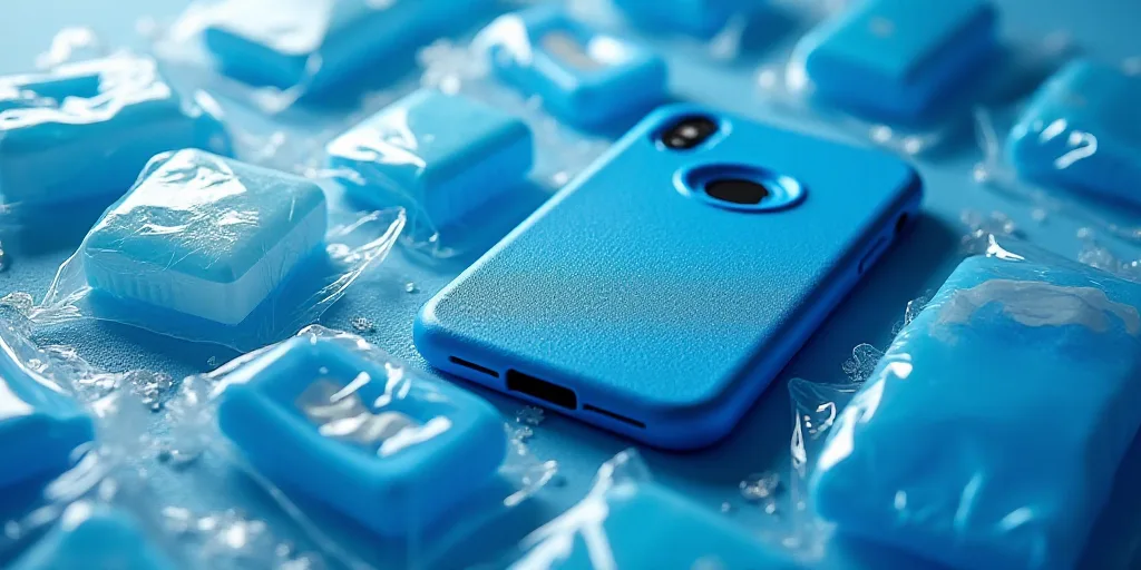a bunch of blue items are laying out on a table with a phone case and other items in plastic bags, D