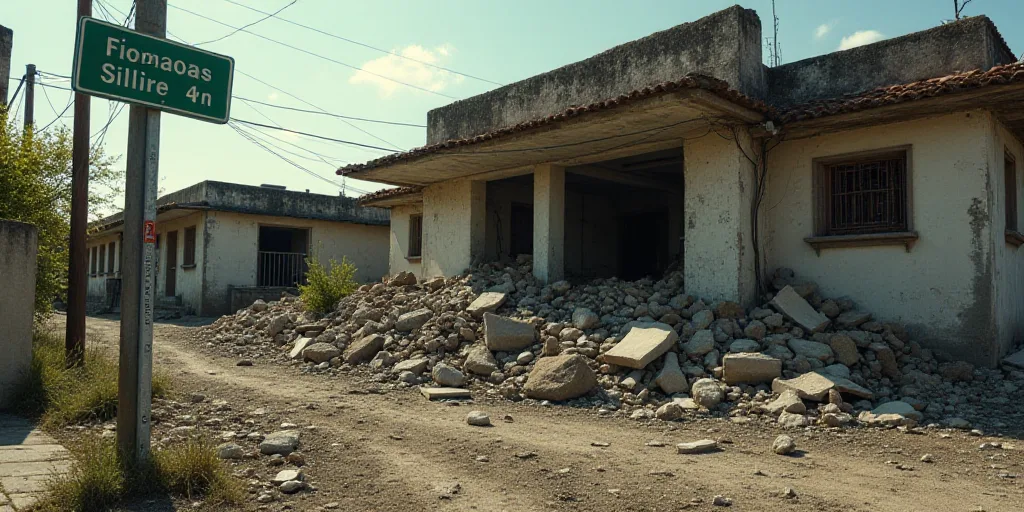 a bunch of debris that is in front of a building and a street sign that says, farmacias sillire, Cef