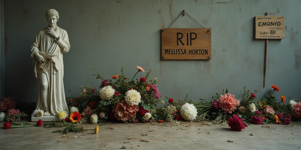 a bunch of flowers and signs on the ground near a wall with a sign that says rip mellissa horton, Ch