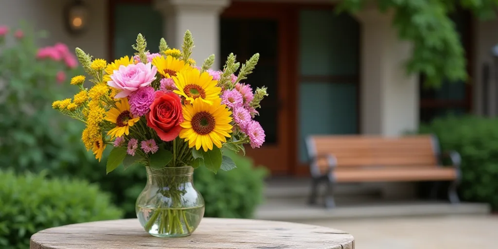 a bunch of flowers that are in a vase on a table outside of a building with a bench in the backgroun