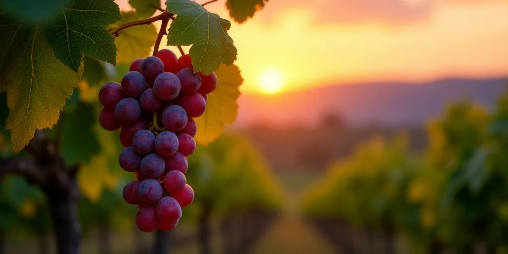 a bunch of grapes hanging from a vine in a vineyard at sunset or dawn with the sun setting behind th