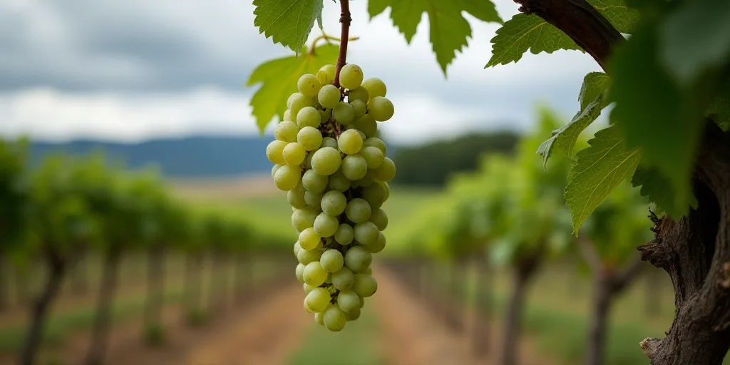 a bunch of grapes hanging from a vine in a vineyard with a cloudy sky in the background and a field