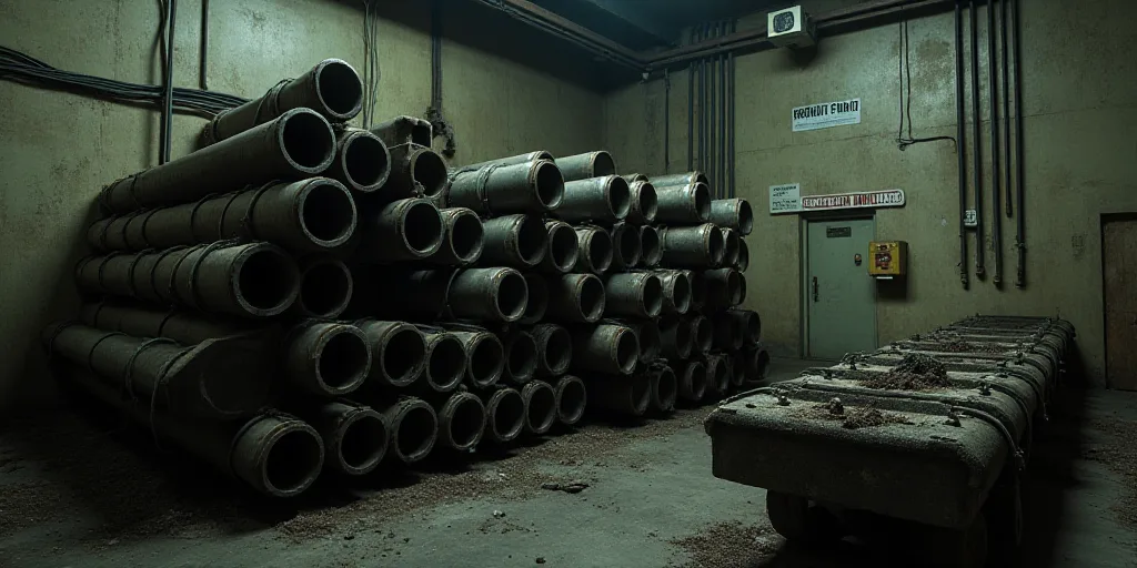 a bunch of metal pipes are stacked together in a room with a wall of wires in the background and a s