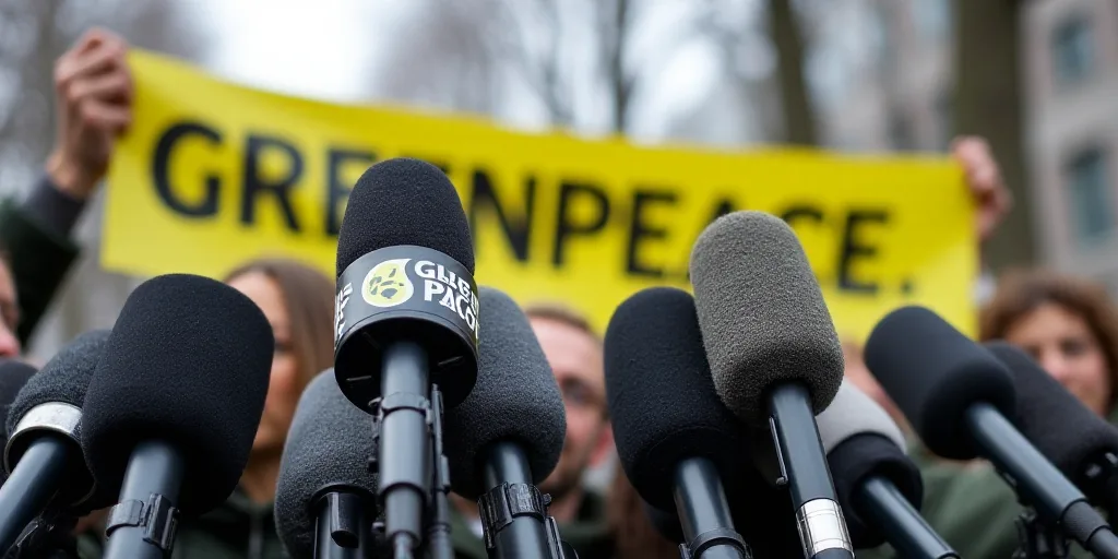 a bunch of microphones are lined up in front of a sign that says greenpeace on it, Florence Engelbac