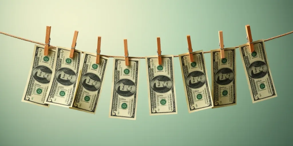 a bunch of money hanging from clothes pins on a clothesline with clothes pins hanging from them on a