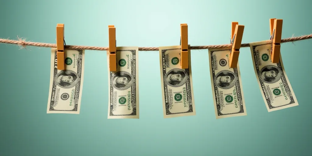 a bunch of money hanging from clothes pins on a clothesline with clothes pins hanging from them on a