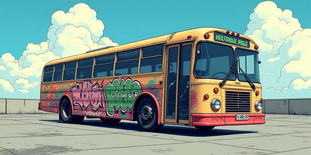 a bus with a lot of graffiti on it's side parked in a lot with a sky background, Aquirax Uno, ultra
