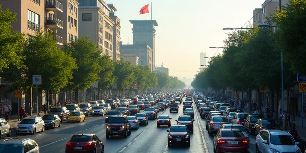 a busy street filled with lots of traffic next to tall buildings and trees in the background, with a