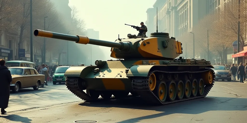 a camouflaged tank is parked on the street with other vehicles in the background and people walking