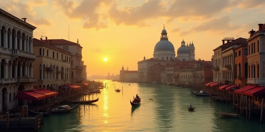 a canal with gondolas and buildings in the background at sunset in venice, italy, with a clock tower