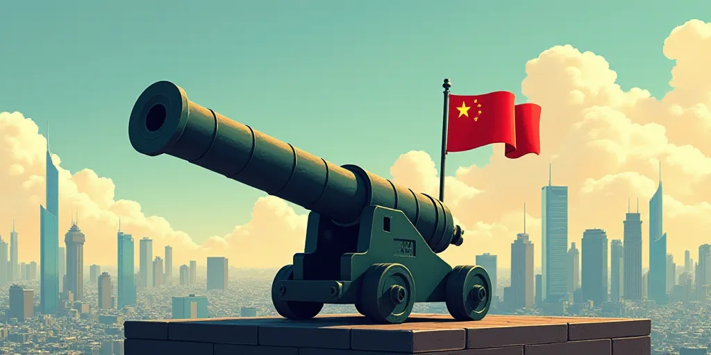 a cannon with a flag on it is flying over a city with skyscrapers and a flag on it, Andries Stock, d
