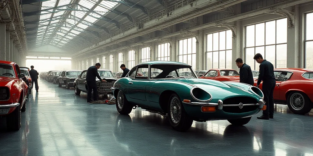 a car being assembled in a factory with workers working on it's hoods and cars on the assembly line,