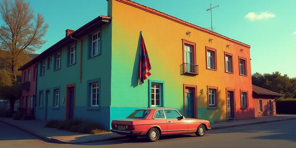 a car parked on the side of a street next to a tall building with a flag on it's side, Celia Fiennes