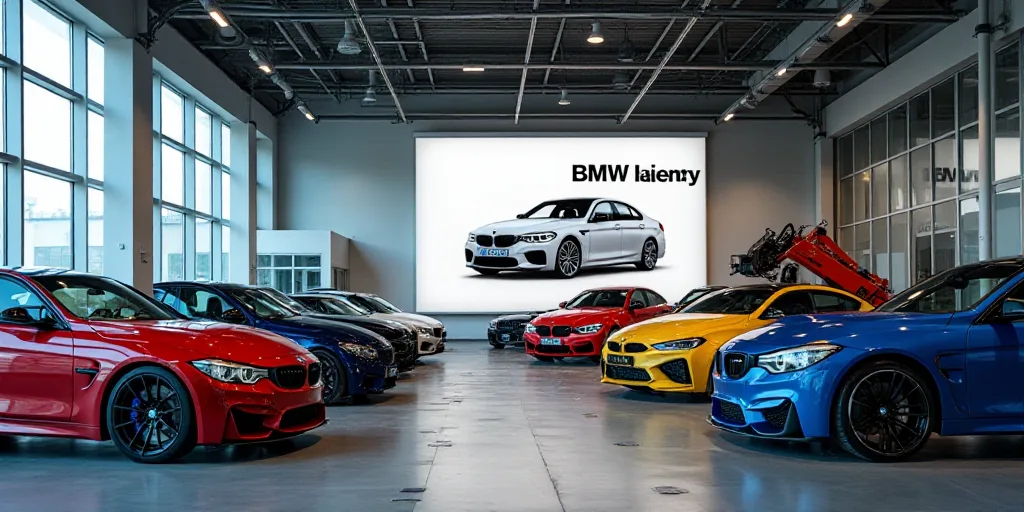 a car showroom with cars on display and a large poster behind it that says, bmw, and a crane, Dahlov
