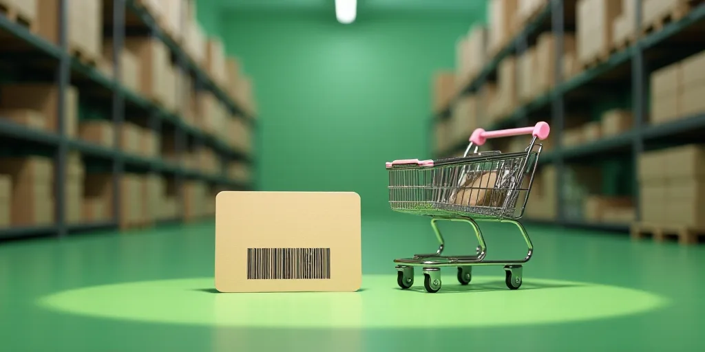 a card with a barcode on it in a warehouse with green circles around it and a shopping cart in the b