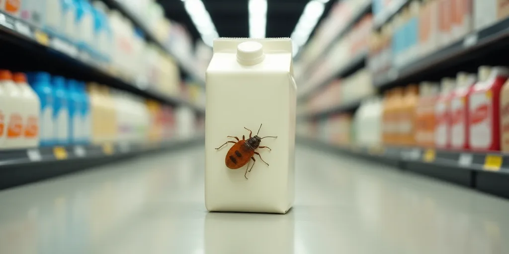 a carton of milk with a bug on it in a store aisle of milk bottles and milk cartons, Andries Stock,