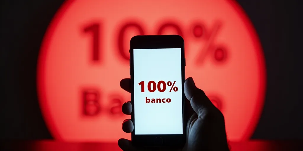 a cell phone with a 100 % banco on it sitting in front of a circular background with a red text, Emi